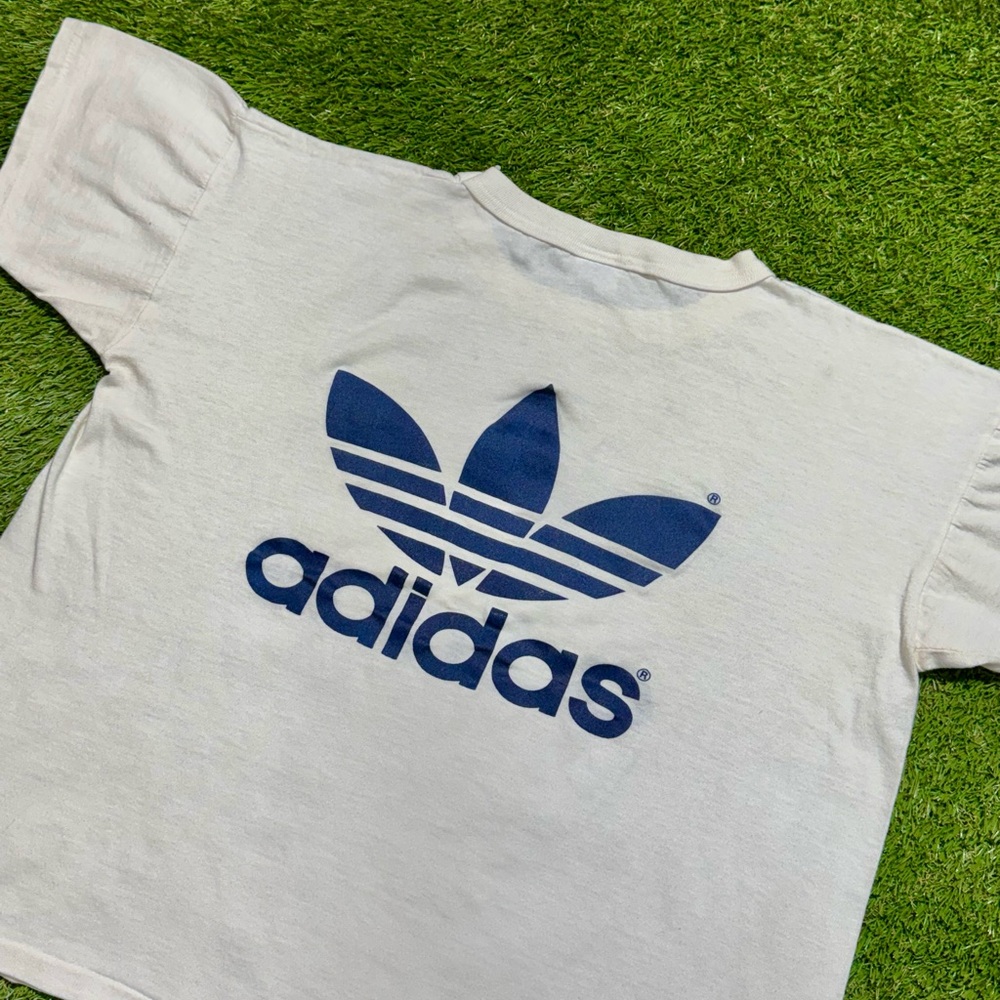 Vintage 80s Adidas Trefoil Logo Short Sleeve T-Shirt Men’s Size Large White Blue - Picture 6 of 7